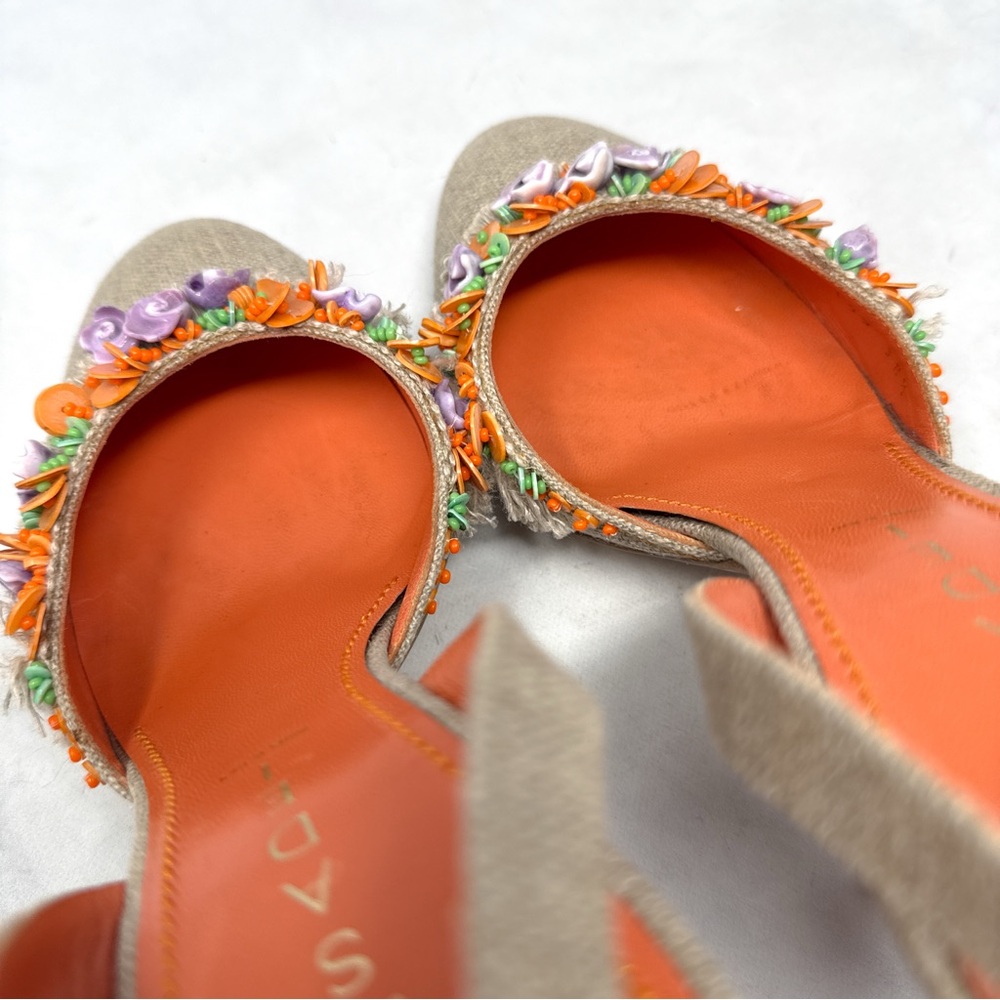 CASADEI Vintage Y2K Shell Beaded Burlap Canvas Leather Slingback Heels 2000s 8.5 - Picture 10 of 16